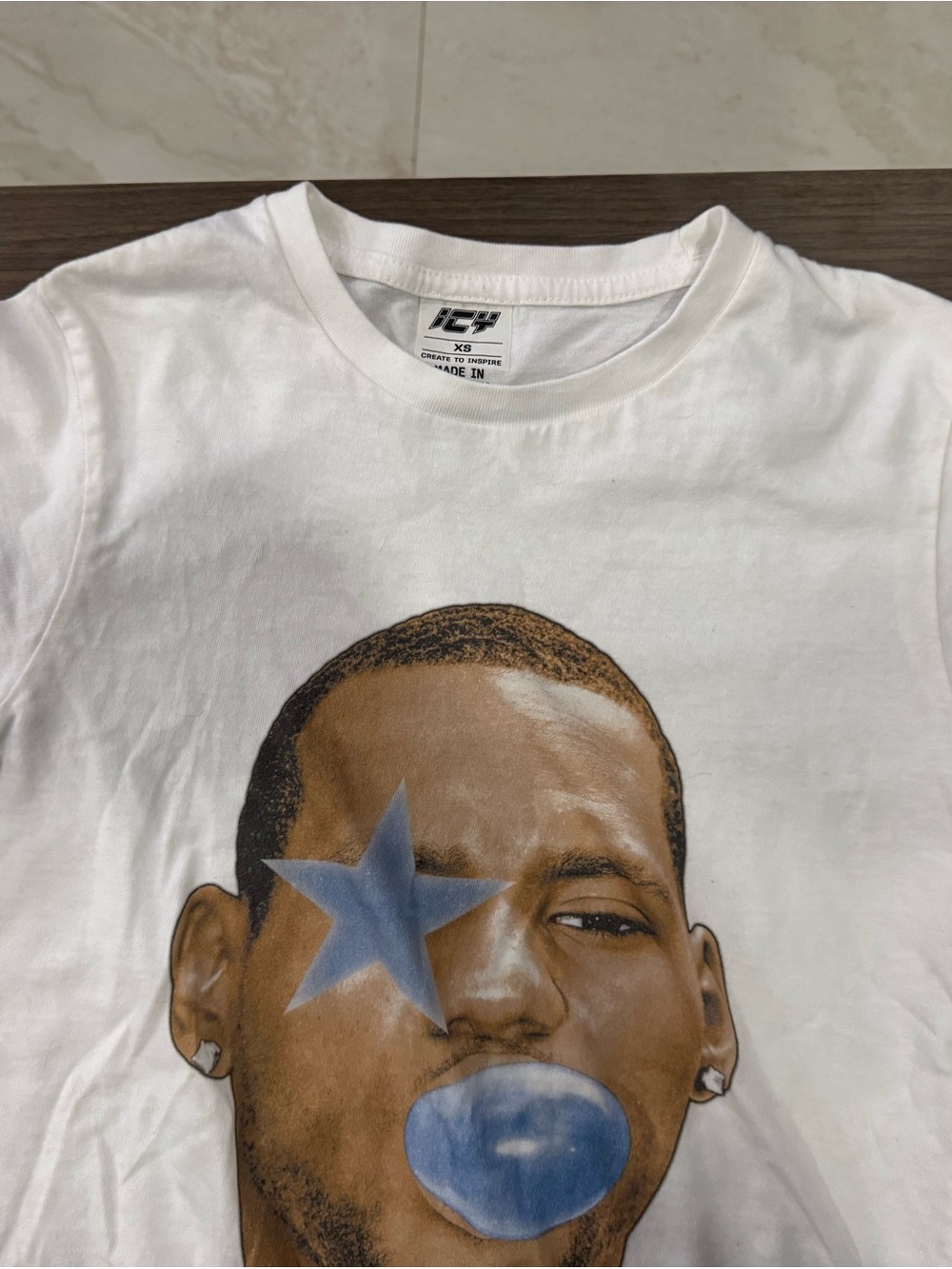 White Graphic Short-Sleeve Tee with Blue Star and Bubble Print